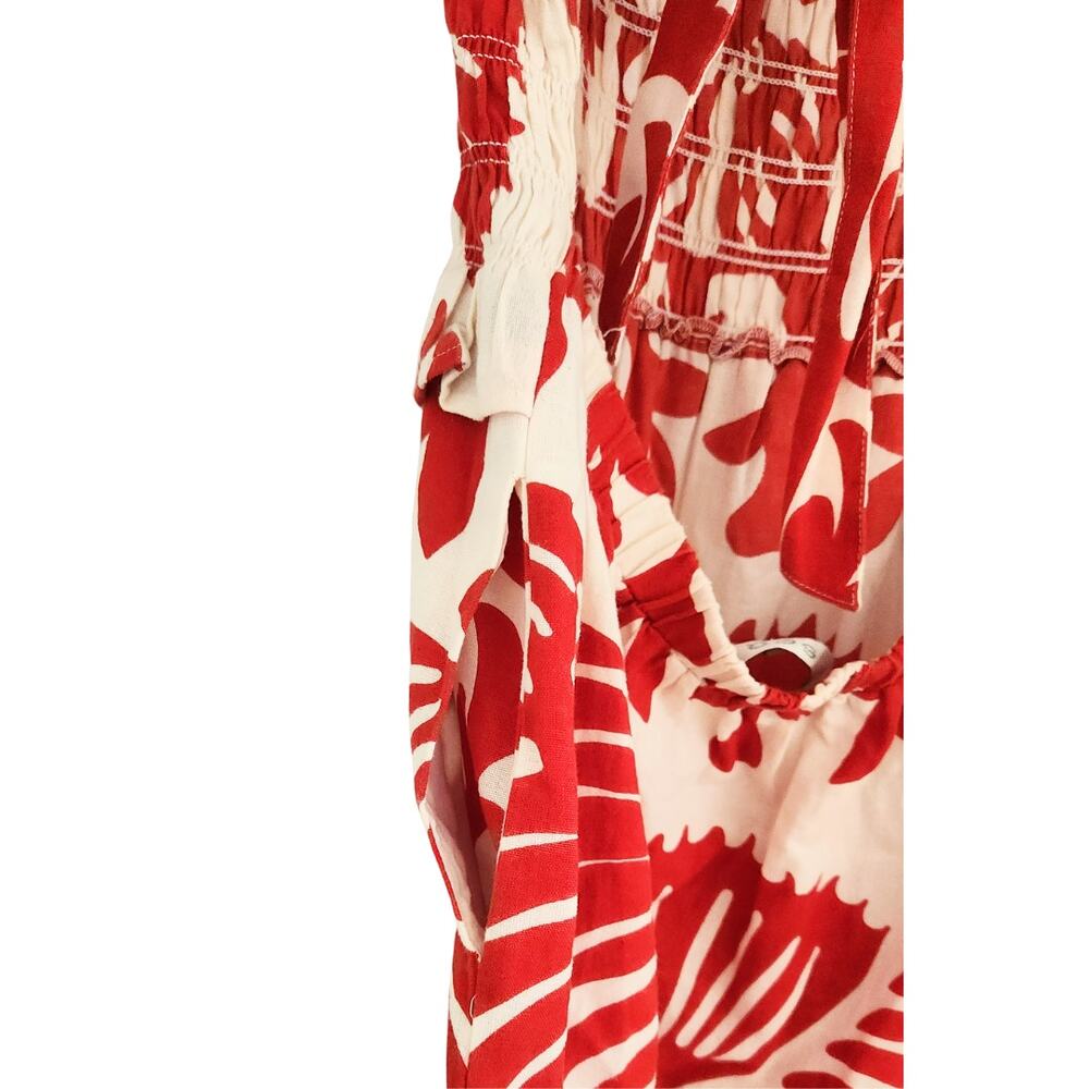 SEA‎ NY Maxi Dress Henrietta Ruby Red White Floral Smocked Bow Cutout Back Sz M - Picture 9 of 11
